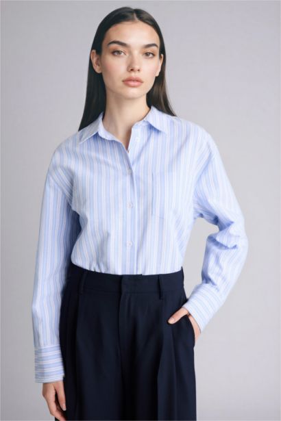 Oversize Fit Shirt Collar Oxford Striped Long Sleeve Shirt