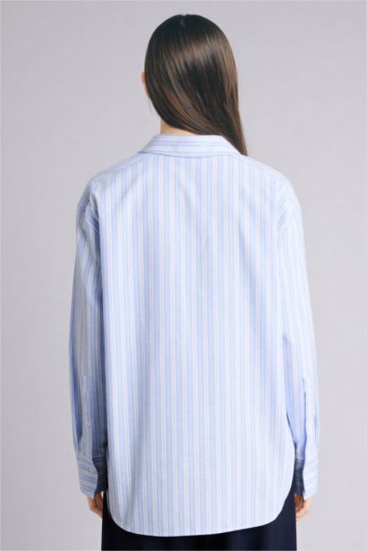 Oversize Fit Shirt Collar Oxford Striped Long Sleeve Shirt