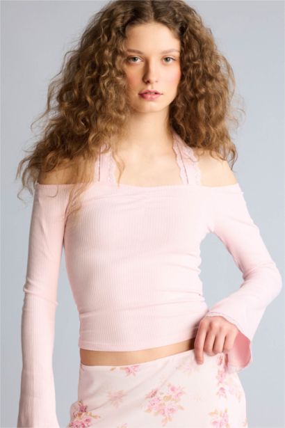 Fıtted Halter Yaka Fitilli Kaşkorse Uzun Kollu Tişört