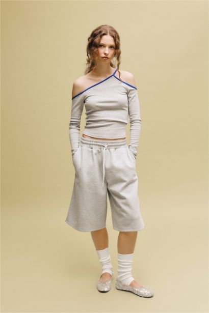 Fıtted Omzu Açık Ribana Uzun Kollu Tişört