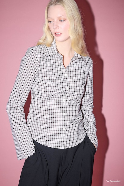 Fitted Shirt Collar Checked Long Sleeve Shirt