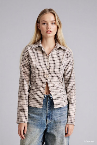 Fitted Shirt Collar Checked Long Sleeve Shirt