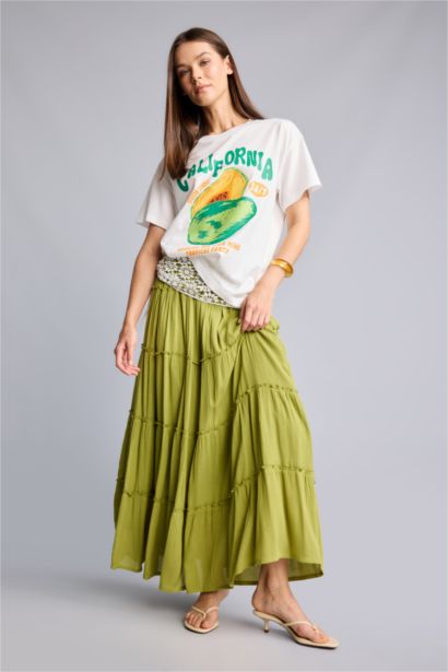 Regular Waist Cotton Lined Crinkle Fabric Maxi Skirt