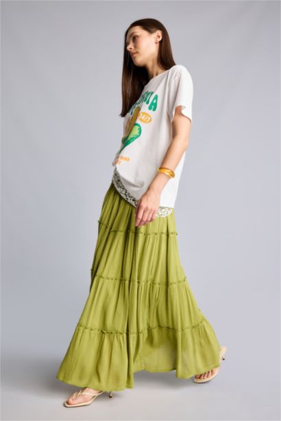 Regular Waist Cotton Lined Crinkle Fabric Maxi Skirt
