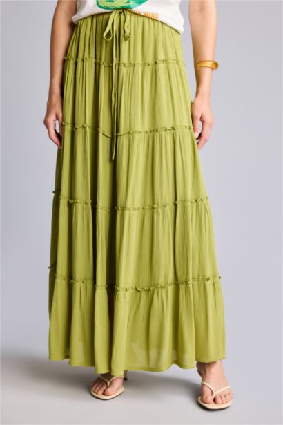 Regular Waist Cotton Lined Crinkle Fabric Maxi Skirt