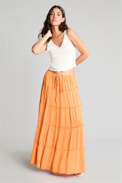 Regular Waist Cotton Lined Crinkle Fabric Maxi Skirt