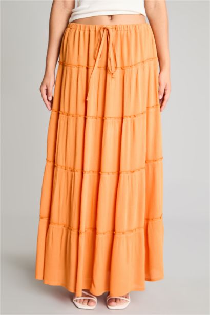 Regular Waist Cotton Lined Crinkle Fabric Maxi Skirt