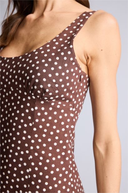 فستان ميدي مطبوع من مزيج الكتان بقصة A بياقة V