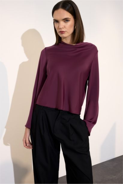 Regular Fit V-Neck Satin Long Sleeve Blouse