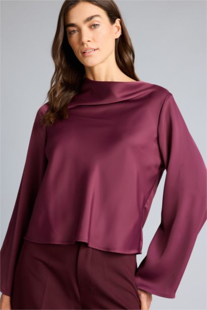 Regular Fit V-Neck Satin Long Sleeve Blouse