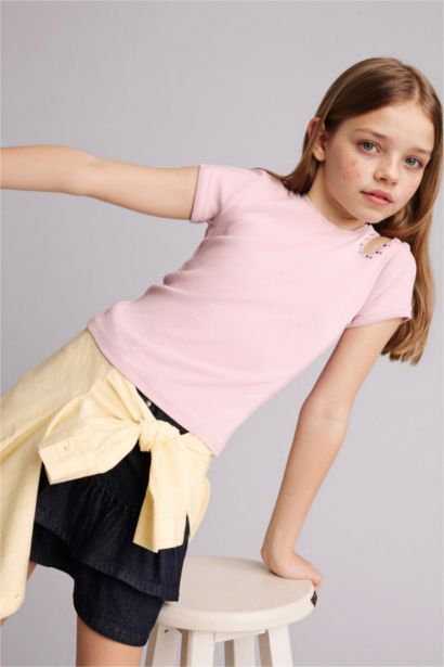 Girl Crew Neck Ribbed Short Sleeve T-Shirt