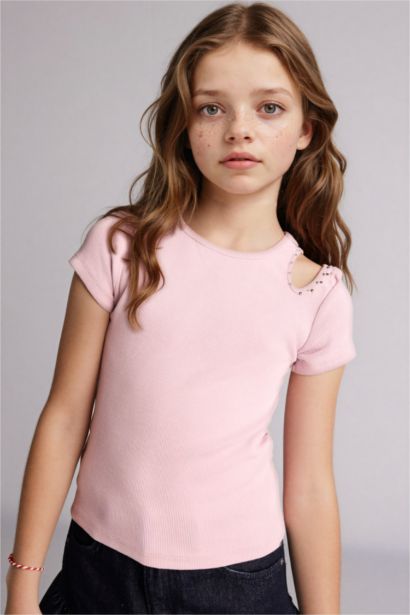 Girl Crew Neck Ribbed Short Sleeve T-Shirt