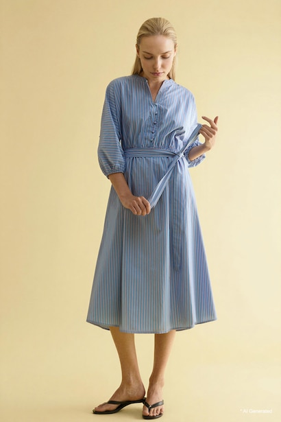 100% Cotton Poplin Striped Midi Dress