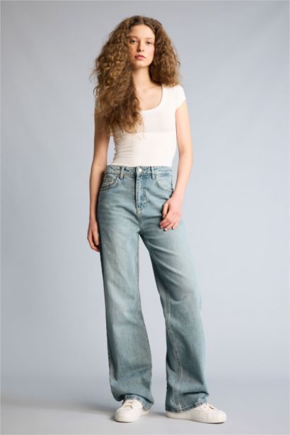 90's Wıde Leg Yüksek Bel Uzun Jean Yıkamalı Pantolon