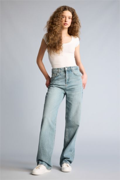 90's Wıde Leg Yüksek Bel Uzun Jean Yıkamalı Pantolon