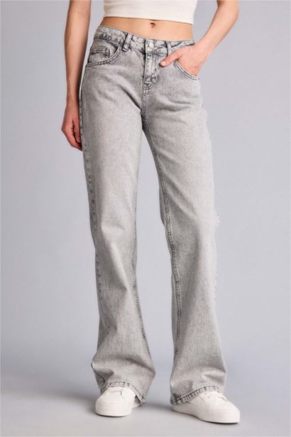 Bootcut Düşük Bel Uzun Jean Yıkamalı Pantolon