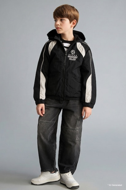 Boy Windproof Printed Hooded Zip-Up Raincoat