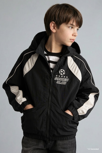 Boy Windproof Printed Hooded Zip-Up Raincoat