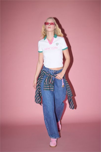 Fitted V-Neck Printed Ribbed Short Sleeve T-Shirt