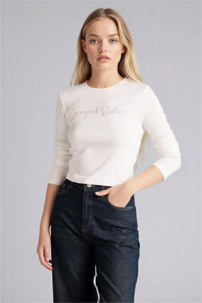 Fitted Crew Neck Embroidered Print Ribbed T-Shirt