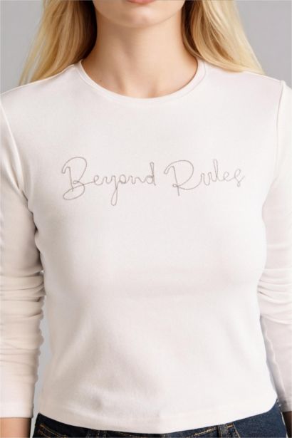 Fitted Crew Neck Embroidered Print Ribbed T-Shirt