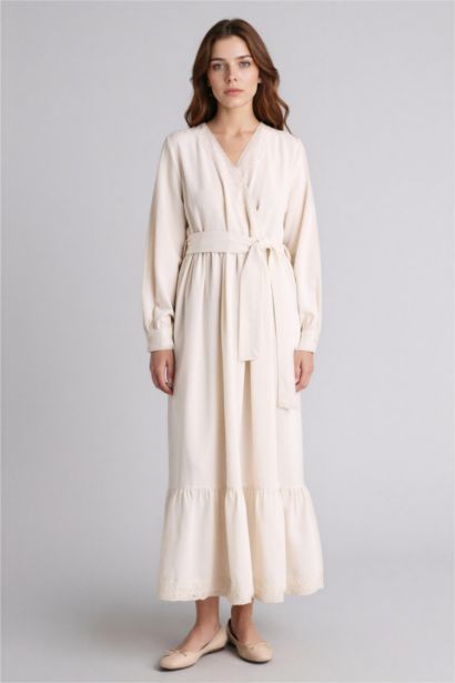 V-Neck Linen Blended Balloon Sleeves Dress