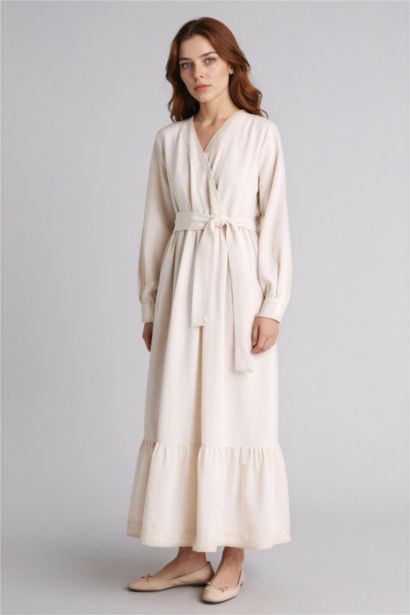 V-Neck Linen Blended Balloon Sleeves Dress