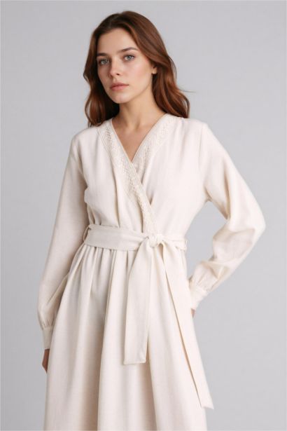 V-Neck Linen Blended Balloon Sleeves Dress