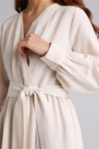 V-Neck Linen Blended Balloon Sleeves Dress