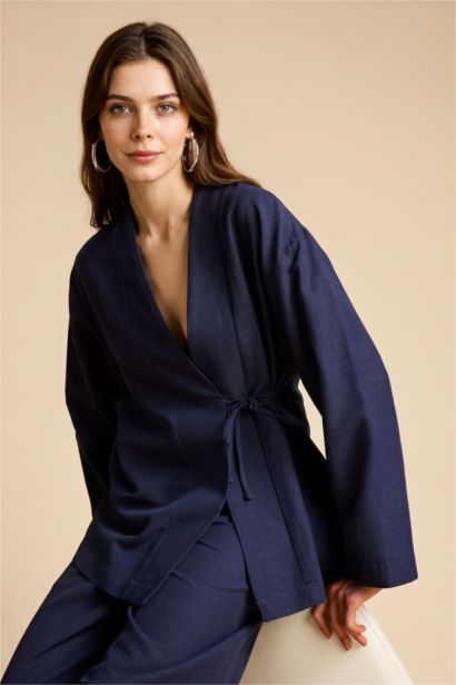 Regular Fit Linen Blended Long Sleeve Tunic