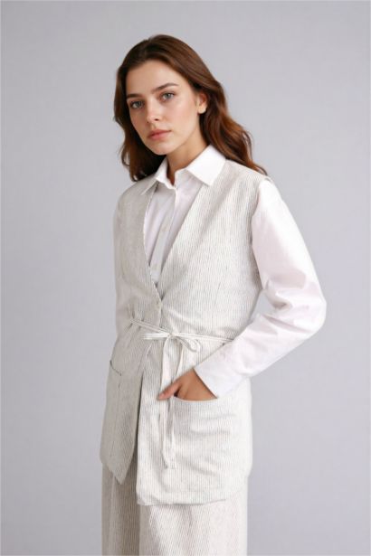 Regular Fit V-Neck Striped Linen Blended Vest