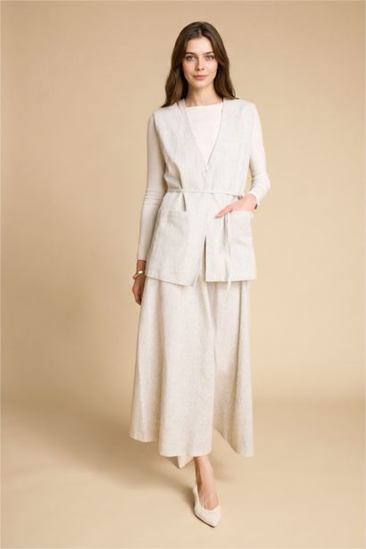 فيست مخطط من مزيج الكتان قصة عادية بياقة V