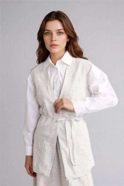 Regular Fit V-Neck Striped Linen Blended Vest