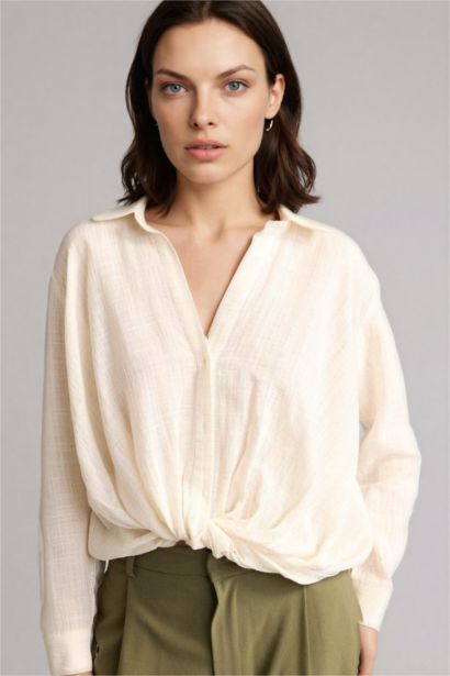 Regular Fıt Gömlek Yaka Çizgili Simli Kumaş Uzun Kollu Gömlek