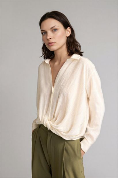 Regular Fıt Gömlek Yaka Çizgili Simli Kumaş Uzun Kollu Gömlek