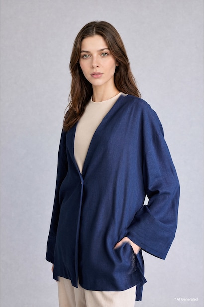 Regular Fit Navy Linen Kimono