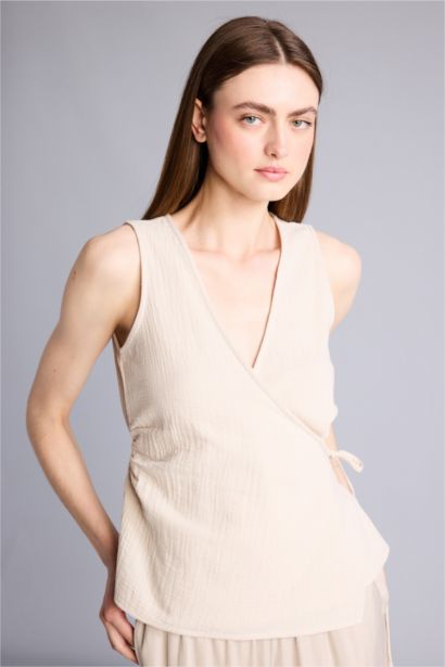 Slim Fit Wrap Collar Sleeveless Blouse