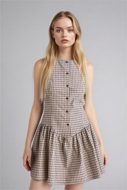 Crew Neck Plaid Cotton Mini Dress