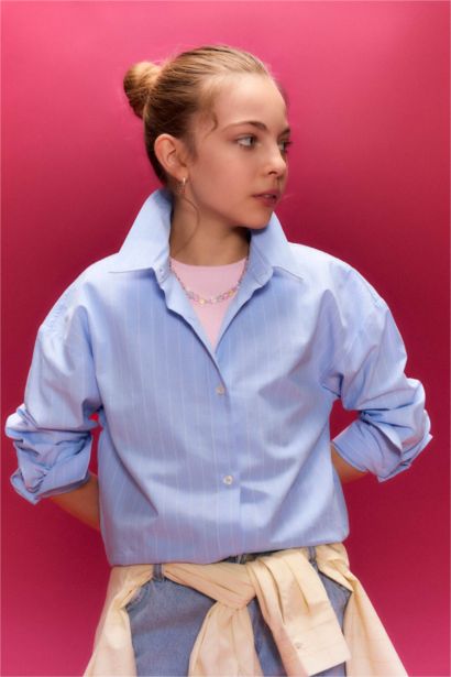 قميص بناتي ردن طويل بوبلين قصة عادية