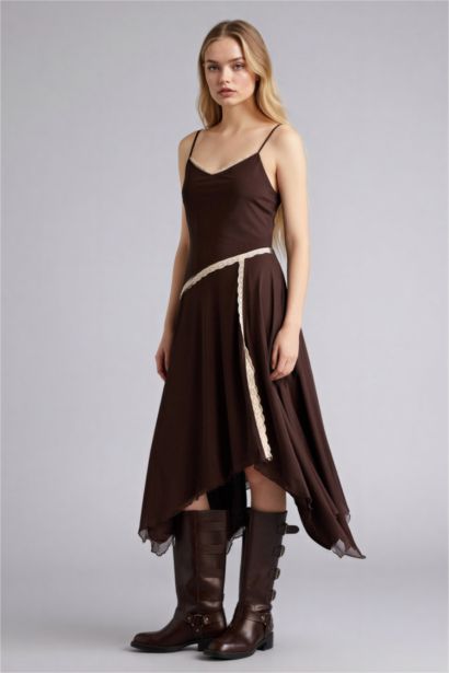 Asymmetric Heart Collar Tulle Midi Dress