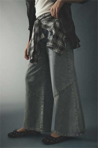 بنطلون جينز بناتي وايد ليج برجل واسع