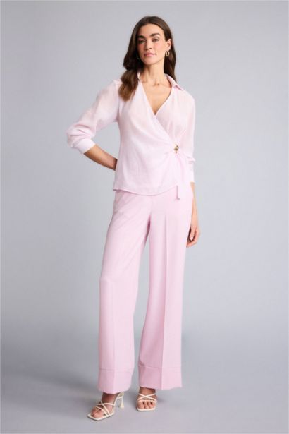 Regular Fıt Wrap Yaka Dokulu Uzun Kollu Bluz