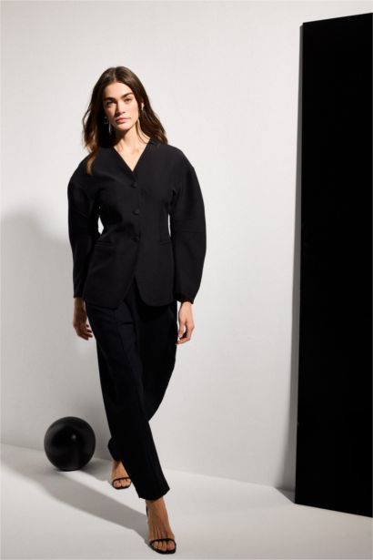 Fıtted V Yaka Krep Blazer Ceket