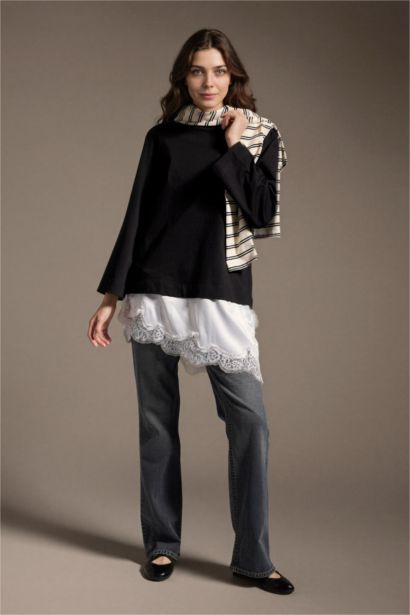 بلوزة طويلة مفصل بالدانتيل قصة عادية