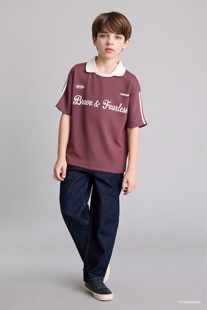 Boy Oversize Fit Slogan Short Sleeve Polo T-Shirt