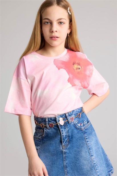 تيشيرت بناتي نص ردن فلورال اوفر سايز