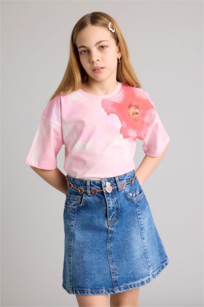 تيشيرت بناتي نص ردن فلورال اوفر سايز