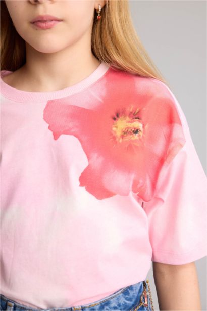 تيشيرت بناتي نص ردن فلورال اوفر سايز