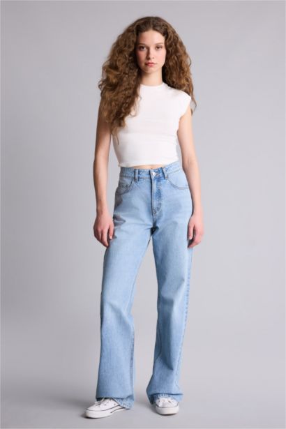 Straıght Wıde Yüksek Bel Geniş Paça Uzun Jean Kar Yıkamalı Pantolon