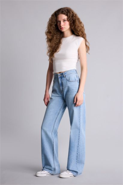 Straıght Wıde Yüksek Bel Geniş Paça Uzun Jean Kar Yıkamalı Pantolon